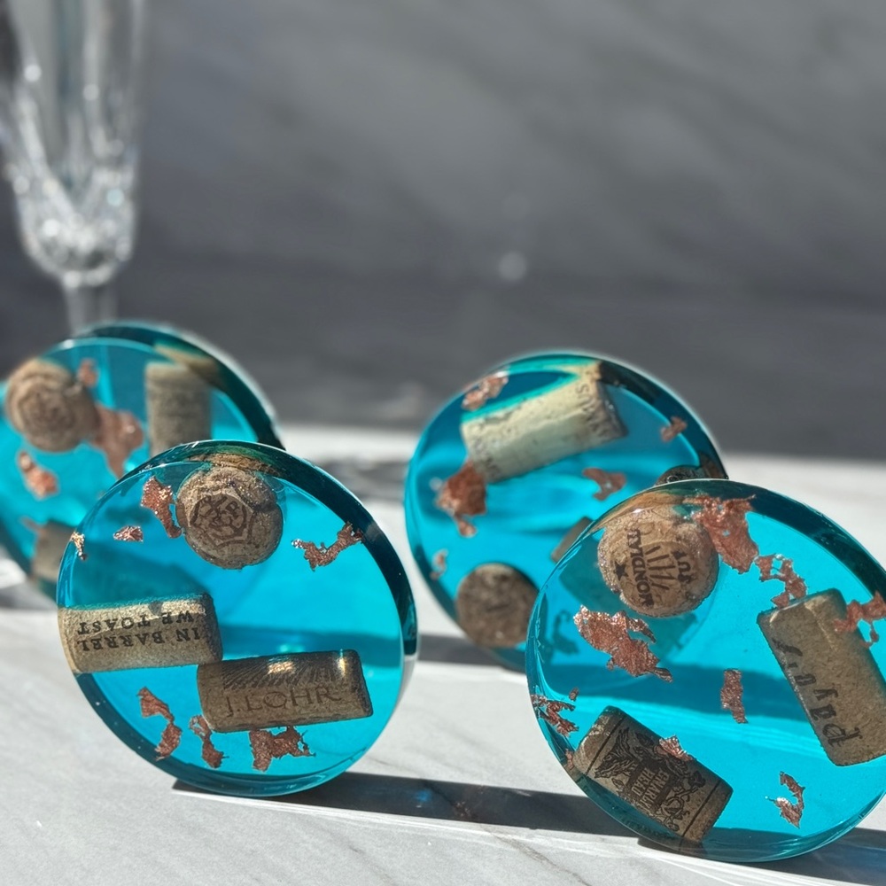 Set of 4 handmade Resin aqua boue Coasters with Cork Accents and rose gold leaf